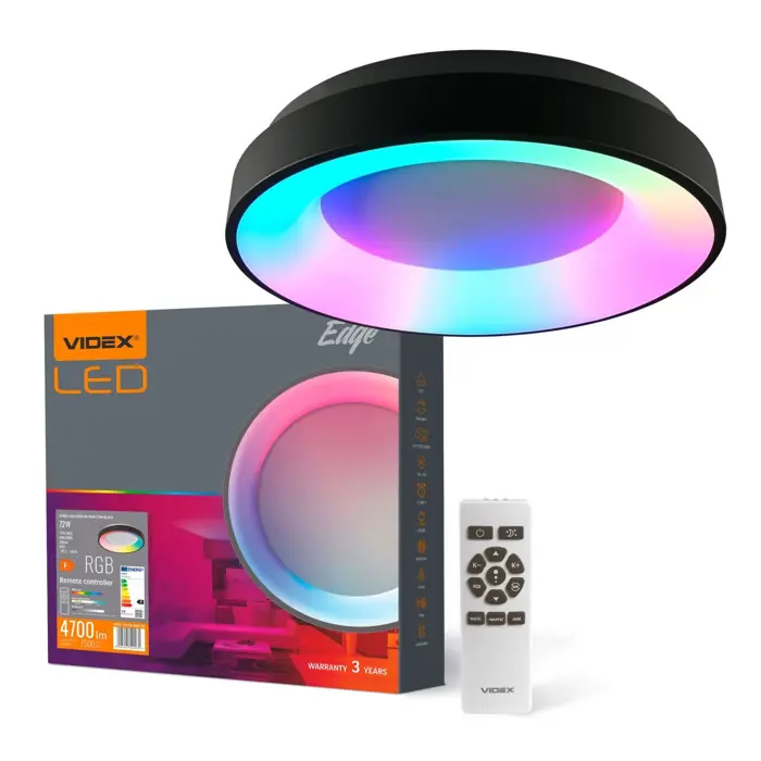 LED Stropna Lampa / Plafonjera VIDEX EDGE RGB 72W Crna + Daljinski (Dimabilna)