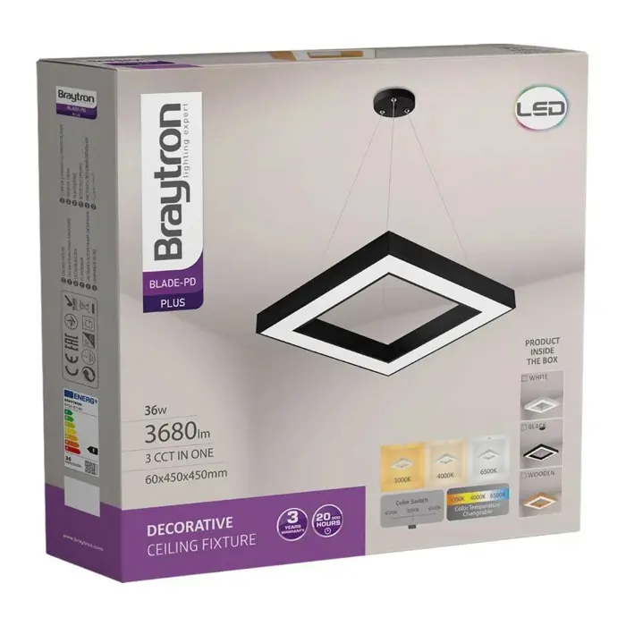 LED Viseća svjetiljka 38W, 3680lm, 450x450mm, Kvadratna, Crna