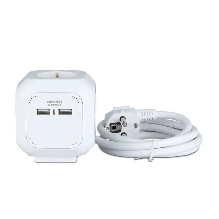 Prijenosna utičnica kvadratna 4x Šuko + 2x USB (Kabel 1.4m, Bijela) V-TAC