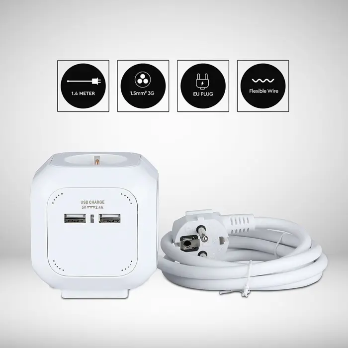 Prijenosna utičnica kvadratna 4x Šuko + 2x USB (Kabel 1.4m, Bijela) V-TAC