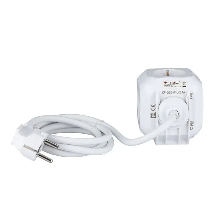 Prijenosna utičnica kvadratna 4x Šuko + 2x USB (Kabel 1.4m, Bijela) V-TAC