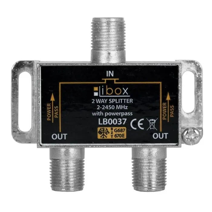 Razdjelnik antenski 1 ulaz / 2 izlaza (F-konektori, PowerPass) – Libox LB0037