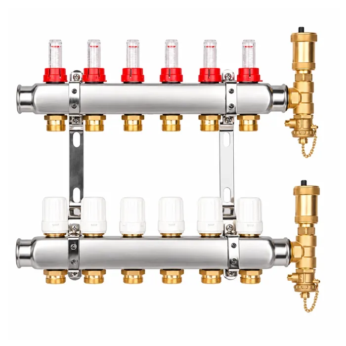 Razdjelnik za podno grijanje s topmetrima inox Valvex K5-6 krugova s topmetrima i sigurnosnim setom