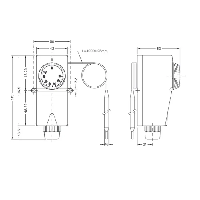 Termostat uronski TUREC CEWAL s kapilarom, 30 - 90°C (L=1000mm)