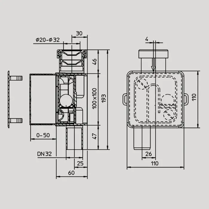 Ugradbeni sifon za kondenzat HL138N (100x100 mm, priključak 20-32 mm)