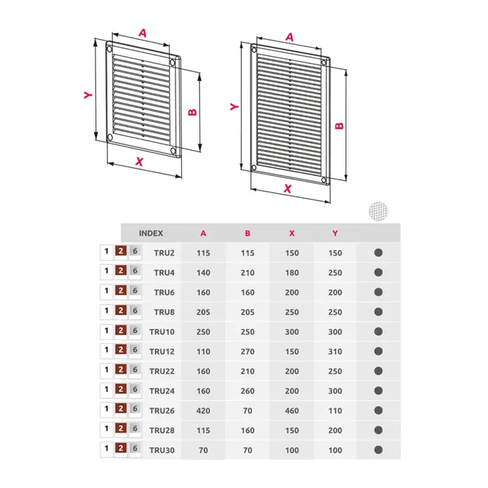 Ventilacijska rešetka 300x300 mm TRU s mrežicom bijela Awenta