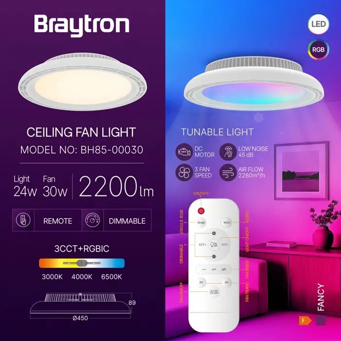 Ventilator stropni s LED rasvjetom RGB 3CCT, 450mm, IP20, daljinski, BRAYTRON