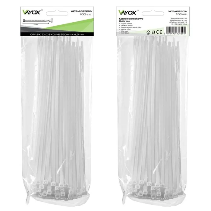 Vezica kabelska PVC 4,5x250 mm bijela (100 kom) VAYOX (VOZ-45250W)